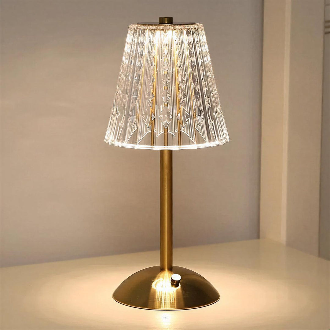 Cordless Rechargeable Dimmable Crystal Table Lamp With Ribbed Shade Illumination