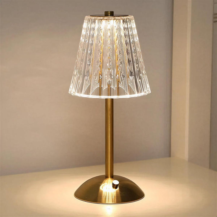 Cordless Rechargeable Dimmable Crystal Table Lamp With Ribbed Shade Illumination