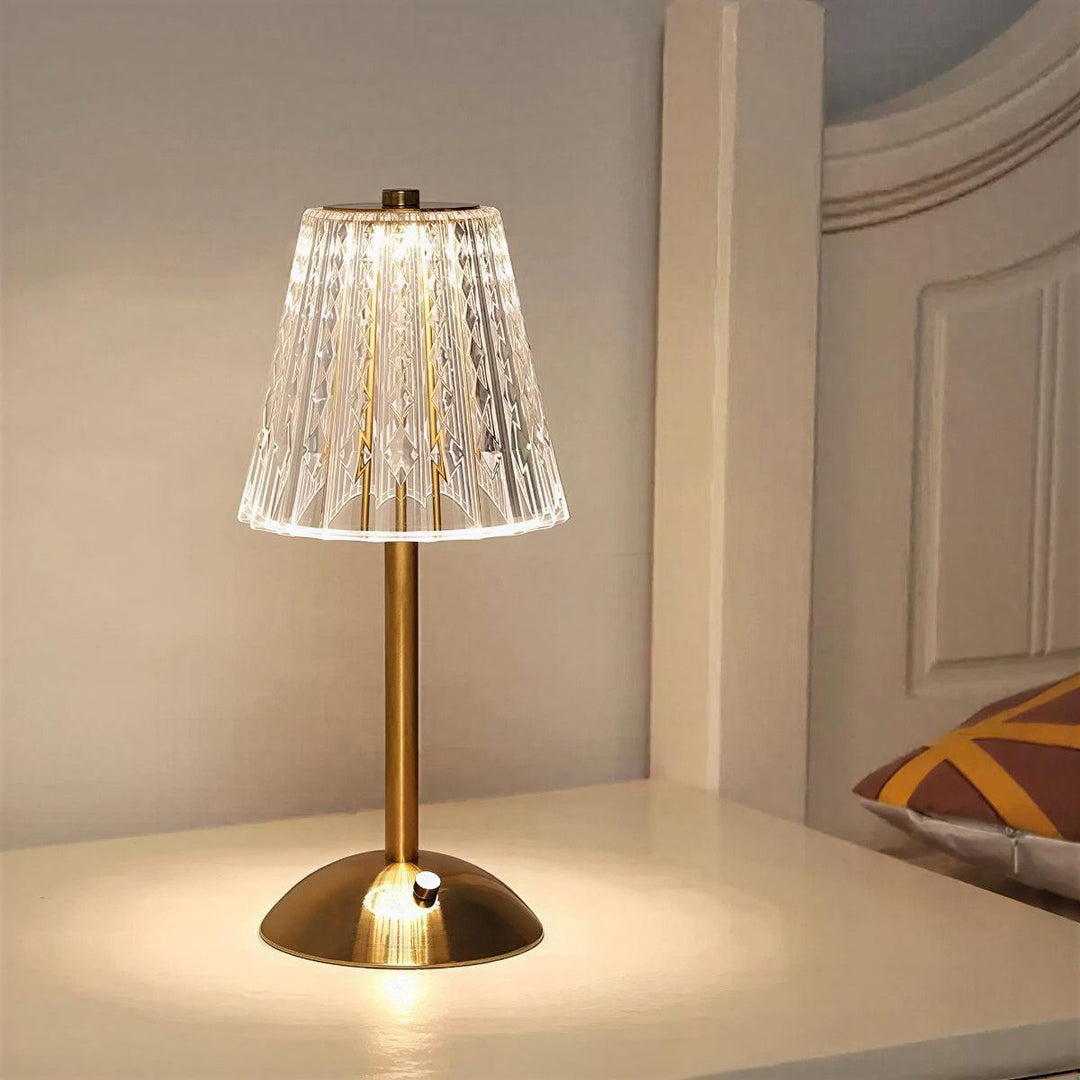 Cordless Rechargeable Dimmable Crystal Table Lamp With Ribbed Shade Illumination