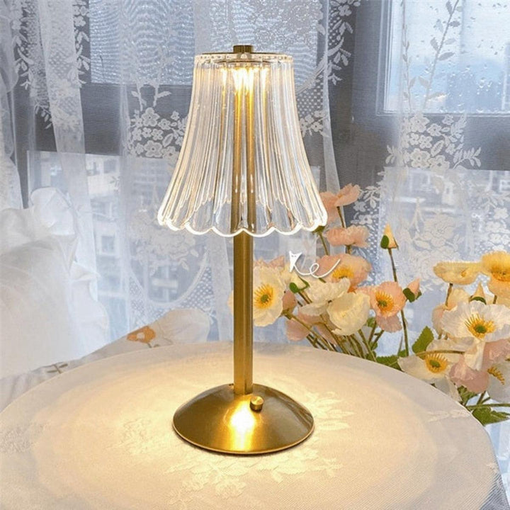 Cordless Rechargeable Dimmable Crystal Table Lamp With Ribbed Shade Illumination