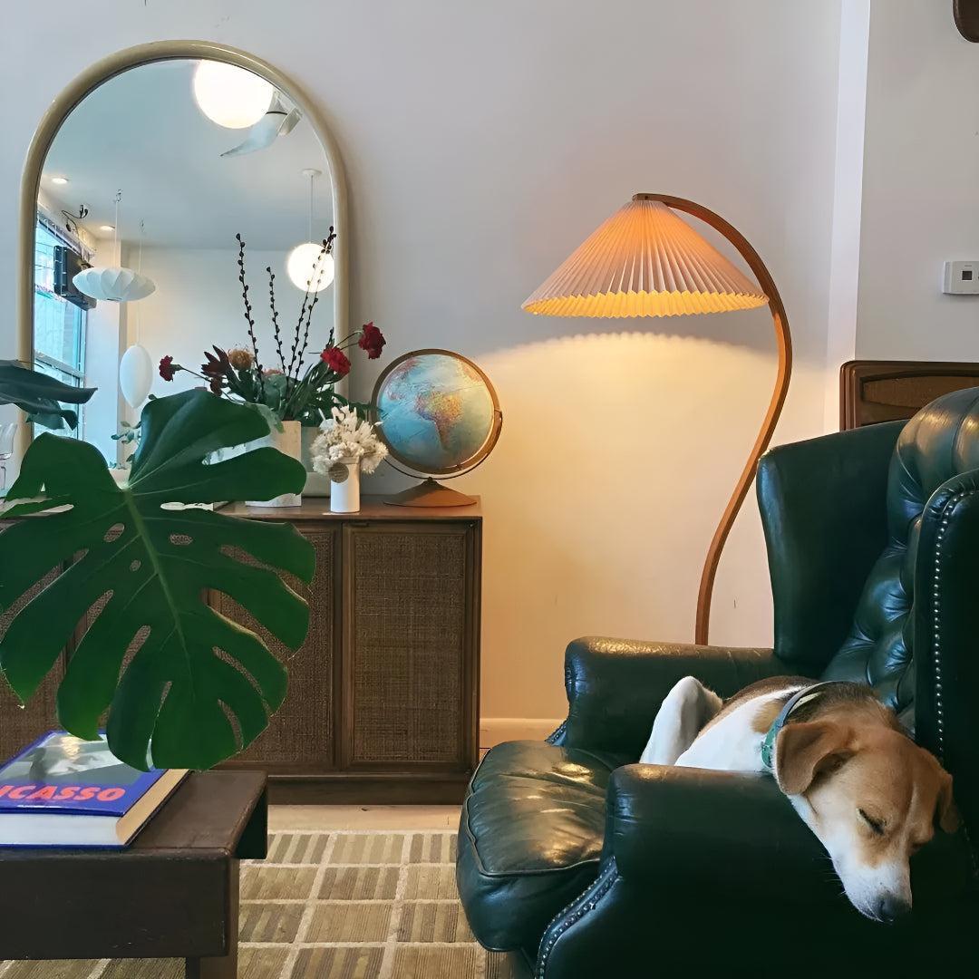 Mid Century Vintage Arc Floor Lamp With Pleated Shade