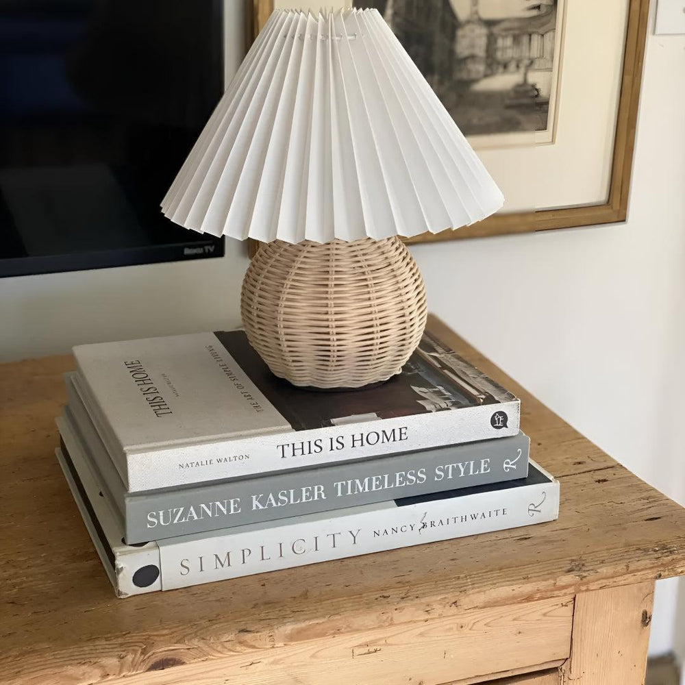 Rattan Table Lamp With Pleated Shade And Textured Base