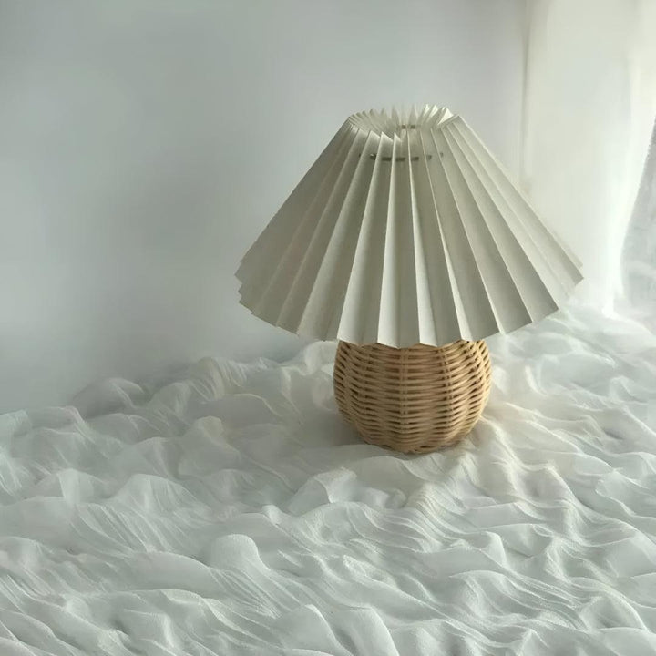 Rattan Table Lamp With Pleated Shade And Textured Base