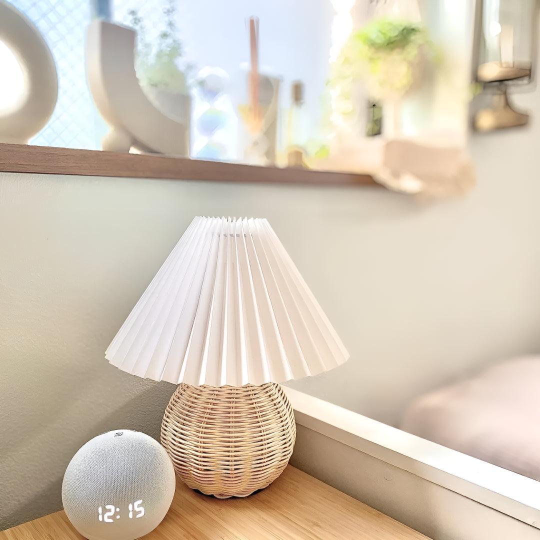 Rattan Table Lamp With Pleated Shade And Textured Base