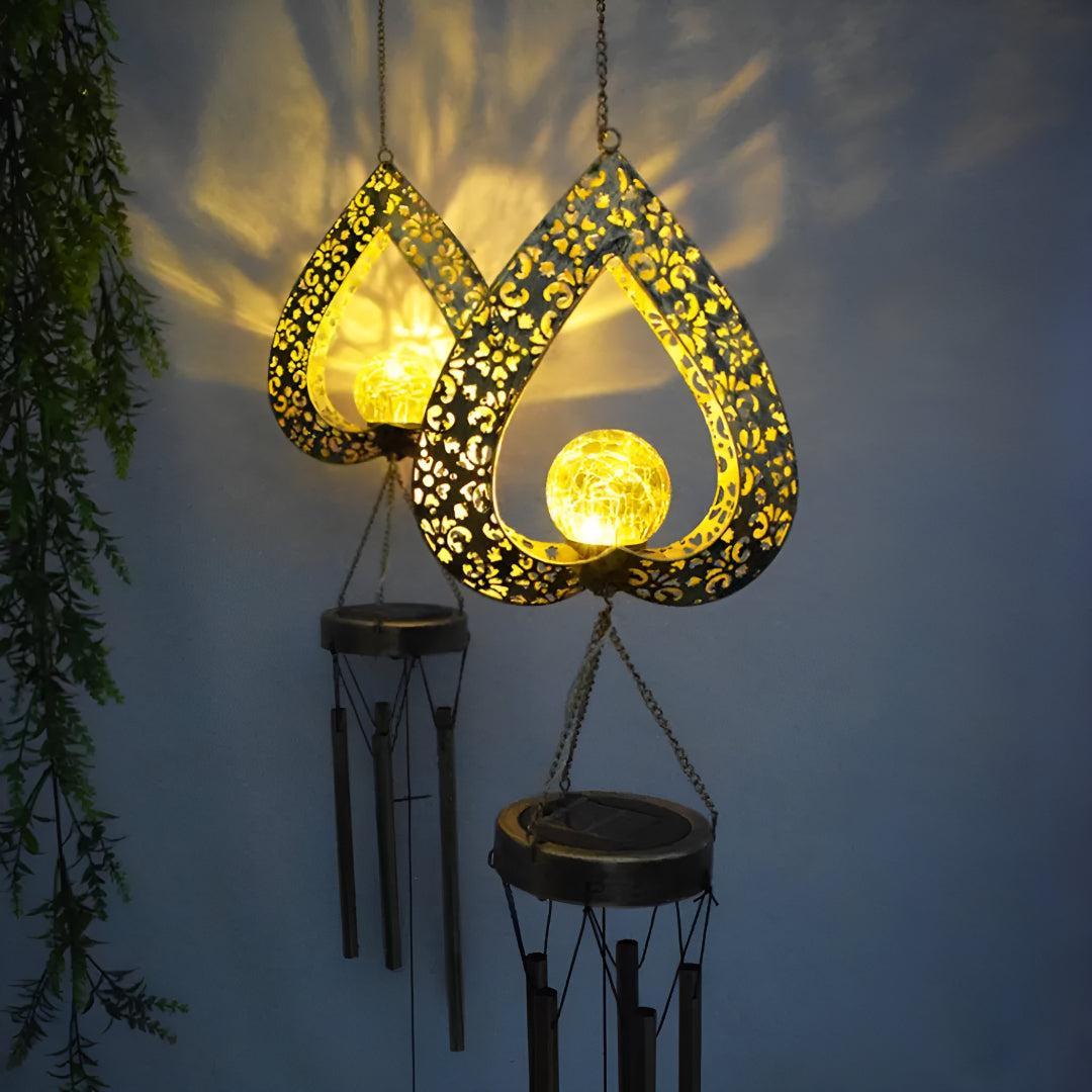 Solar Garden Light With Hanging Heart Wind Chime Lantern