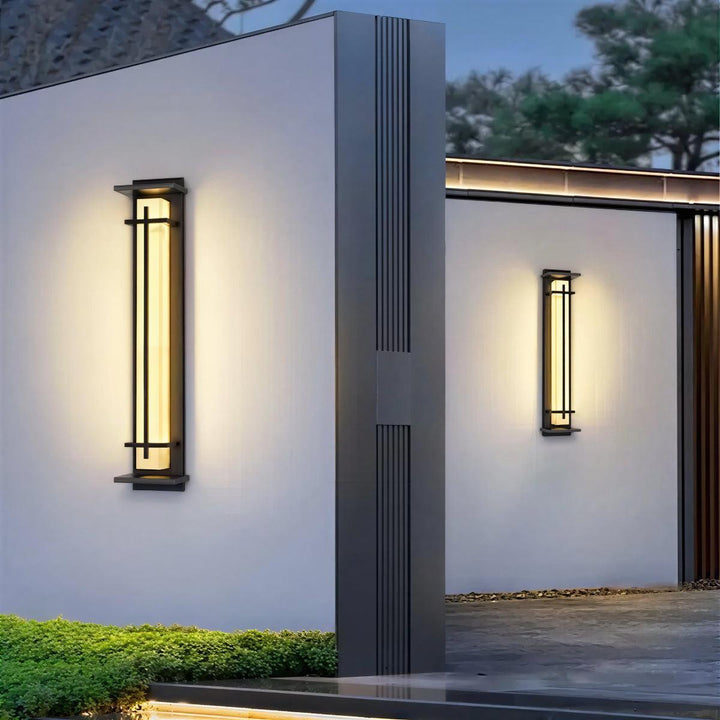 Vertical Exterior Alabaster Wall Sconce Light With Modern Architectural Cage