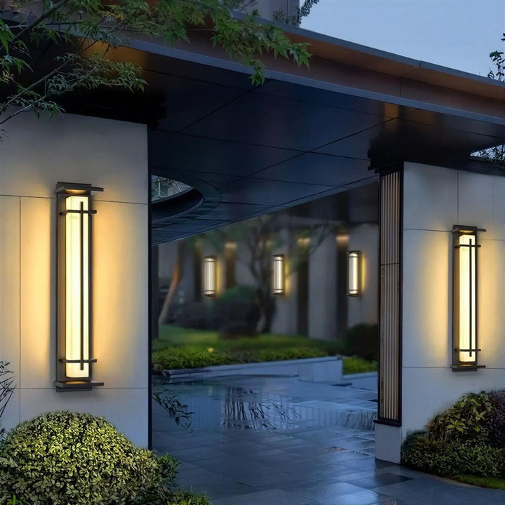 Vertical Exterior Alabaster Wall Sconce Light With Modern Architectural Cage