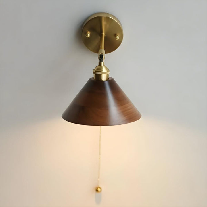 Wood Mid Century Wall Light Sconce With Pull Cord Switch