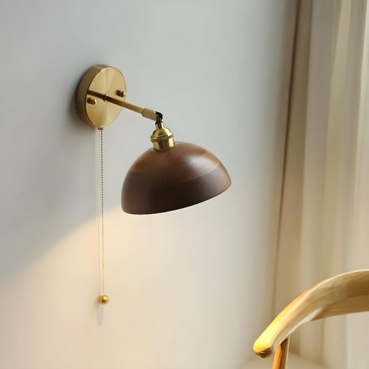 Wood Mid Century Wall Light Sconce With Pull Cord Switch
