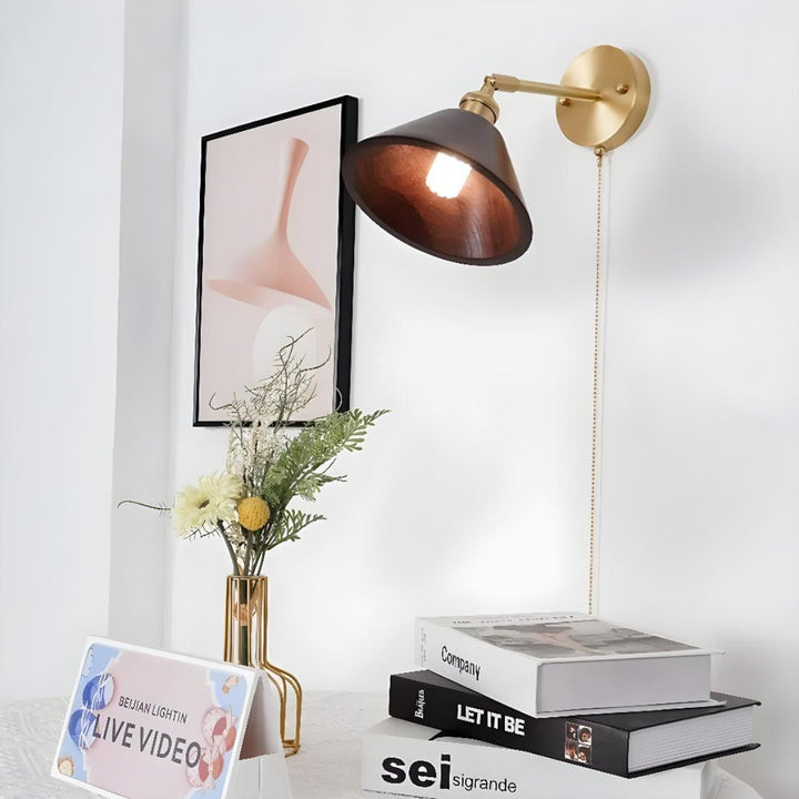 Wood Mid Century Wall Light Sconce With Pull Cord Switch