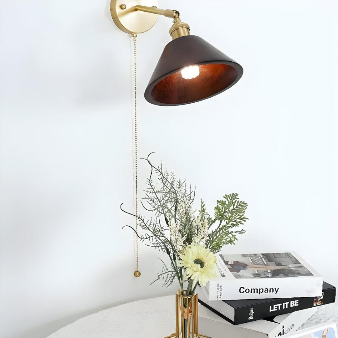 Wood Mid Century Wall Light Sconce With Pull Cord Switch